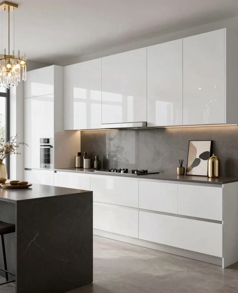 19 Stunning White Kitchen Cabinets Ideas That Will Transform Your Space! 29 19 Stunning White Kitchen Cabinets Ideas That Will Transform Your Space! - 8. Contemporary Glam with Glossy White Cabinets 1