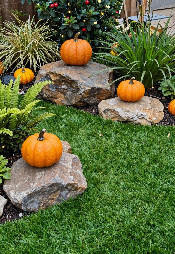 15 Genius Ways to Blend Artificial Grass and Rocks for a Dreamy Outdoor Oasis! - 11. Seasonal Decor with Natural Stones 1