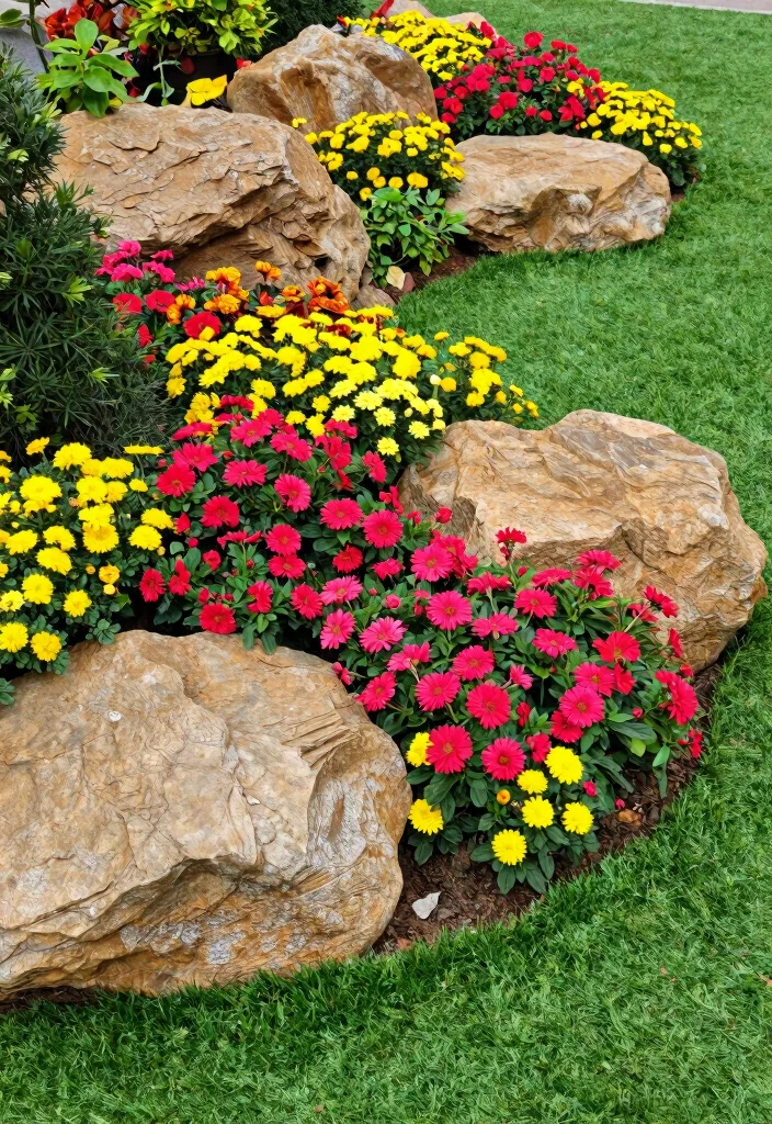 15 Genius Ways to Blend Artificial Grass and Rocks for a Dreamy Outdoor Oasis! - 15. Seasonal Flower Arrangements with Rocks 1