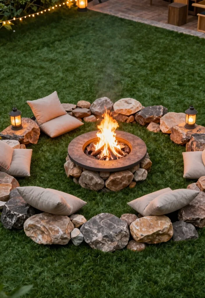 15 Genius Ways to Blend Artificial Grass and Rocks for a Dreamy Outdoor Oasis! - 9. Fire Pits Surrounded by Rocks 1