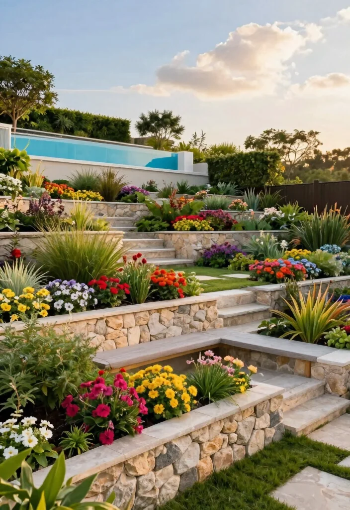 20 Sloped Backyard Ideas with Retaining Walls and Pools That Will Transform Your Outdoor Space! - 1. Terraced Gardens with Integrated Pool 1