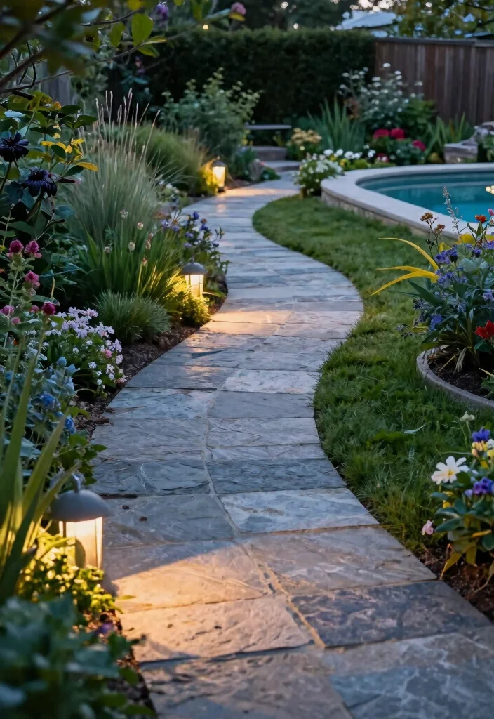 20 Sloped Backyard Ideas with Retaining Walls and Pools That Will Transform Your Outdoor Space! - 11. Garden Pathways with Path Lighting 1