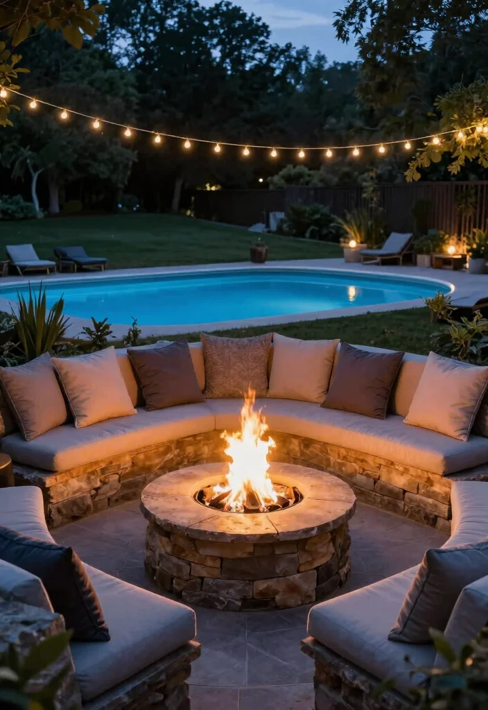 20 Sloped Backyard Ideas with Retaining Walls and Pools That Will Transform Your Outdoor Space! - 12. Cozy Fire Pit Area with Pool View 1