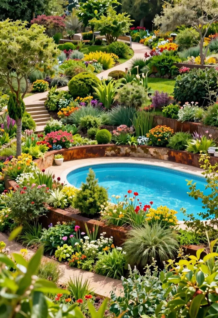 20 Sloped Backyard Ideas with Retaining Walls and Pools That Will Transform Your Outdoor Space! - 18. Chaotic Yet Beautiful Garden Landscape with Pool 1