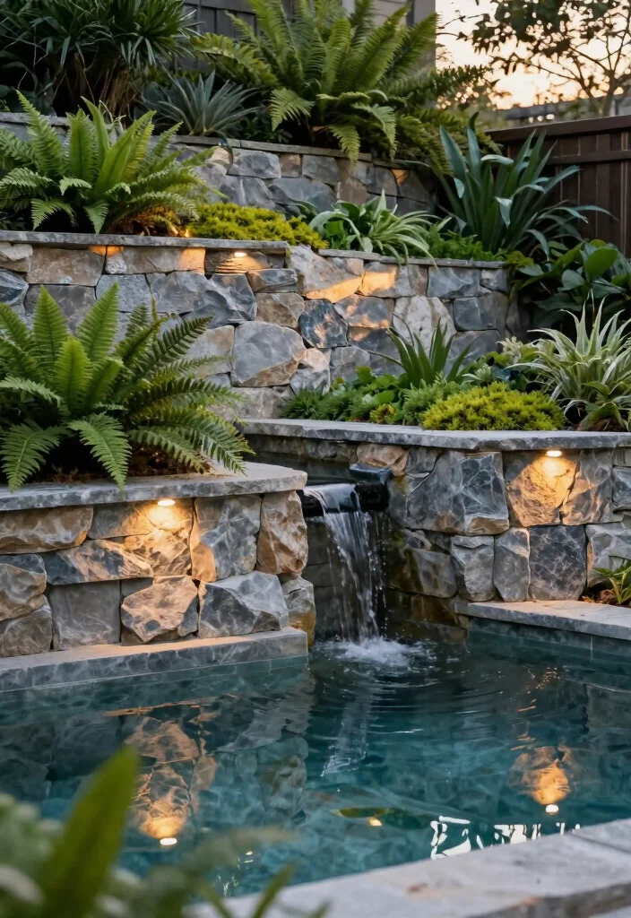 20 Sloped Backyard Ideas with Retaining Walls and Pools That Will Transform Your Outdoor Space! - 2. Elegant Stone Retaining Walls with Water Features 1