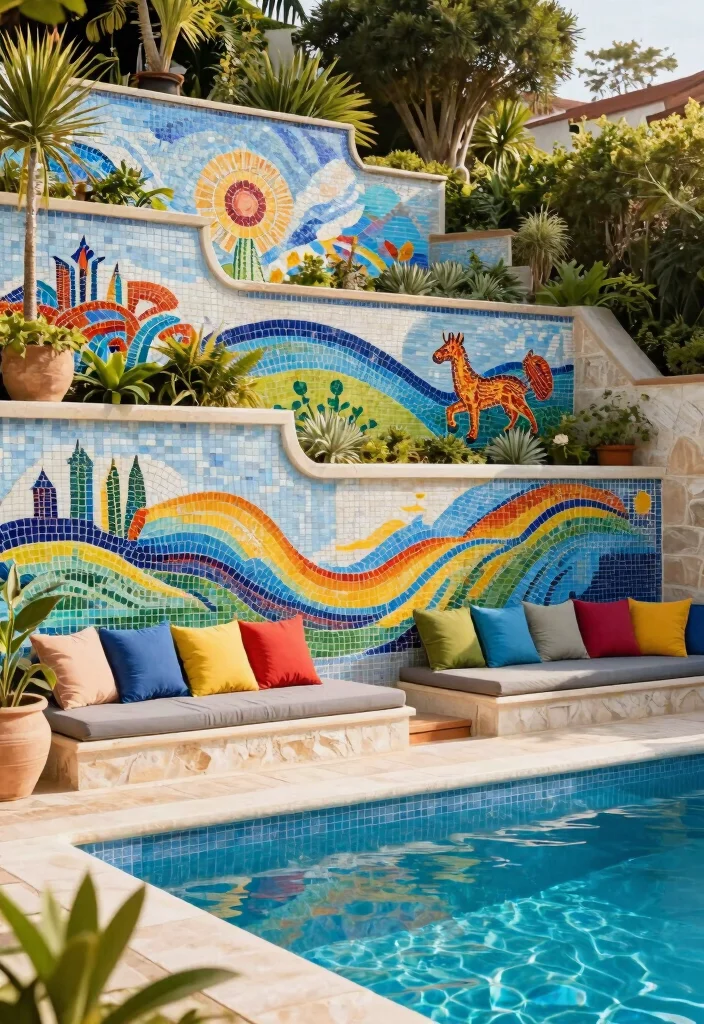20 Sloped Backyard Ideas with Retaining Walls and Pools That Will Transform Your Outdoor Space! - 20. Artistic Wall Mosaics with Poolside Charm 1