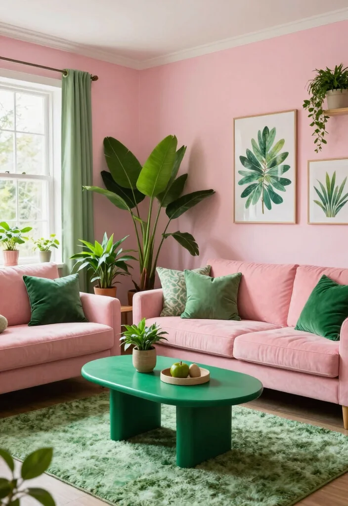 20 Stunning Pink and Green Living Room Ideas That Will Leave You Breathless! - 1. Pastel Pink Walls With Green Accents 1