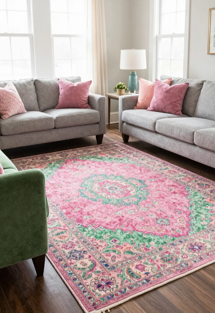 20 Stunning Pink and Green Living Room Ideas That Will Leave You Breathless! - 15. Stylish Rugs 1