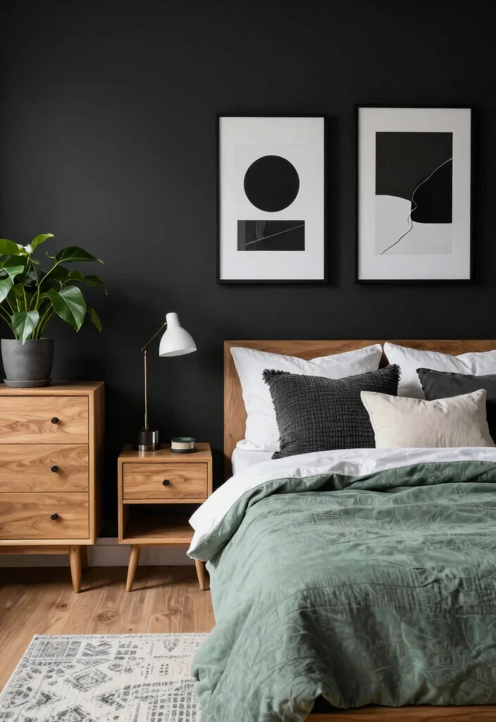 15 Bold Black and Sage Green Bedroom Ideas That’ll Transform Your Space Instantly! - 1. Statement Black Walls 1