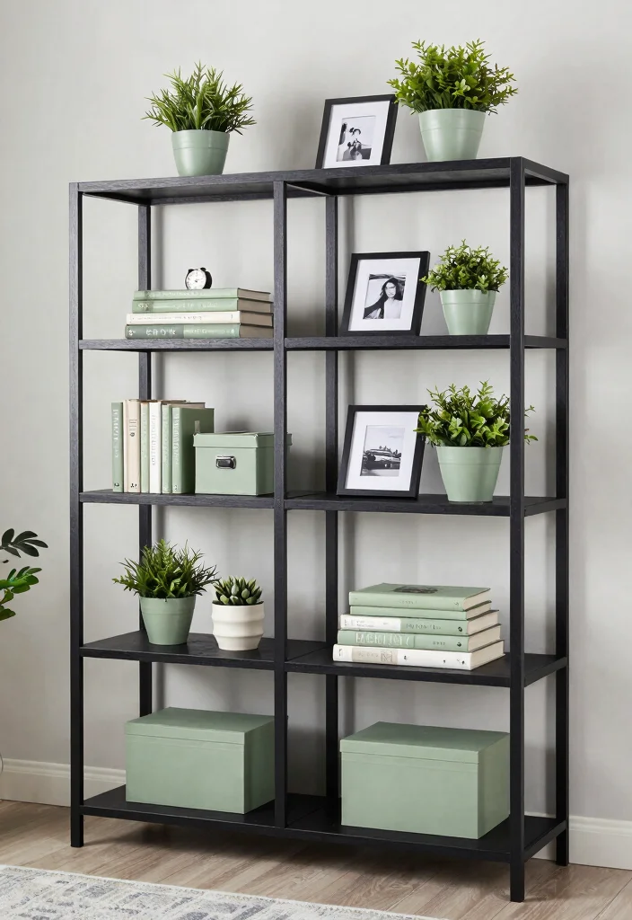 15 Bold Black and Sage Green Bedroom Ideas That’ll Transform Your Space Instantly! - 11. Open Shelving 1