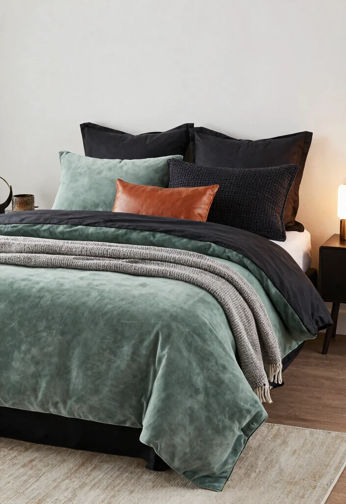 15 Bold Black and Sage Green Bedroom Ideas That’ll Transform Your Space Instantly! - 2. Layered Textures 1