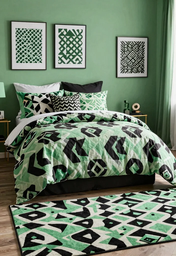 15 Bold Black and Sage Green Bedroom Ideas That’ll Transform Your Space Instantly! - 5. Bold Patterns 1