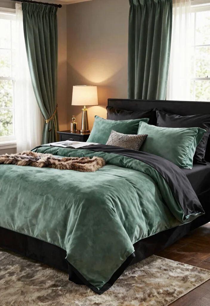 15 Bold Black and Sage Green Bedroom Ideas That’ll Transform Your Space Instantly! - 7. Luxurious Fabrics 1