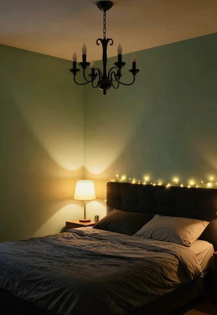 15 Bold Black and Sage Green Bedroom Ideas That’ll Transform Your Space Instantly! - 9. Mood Lighting 1