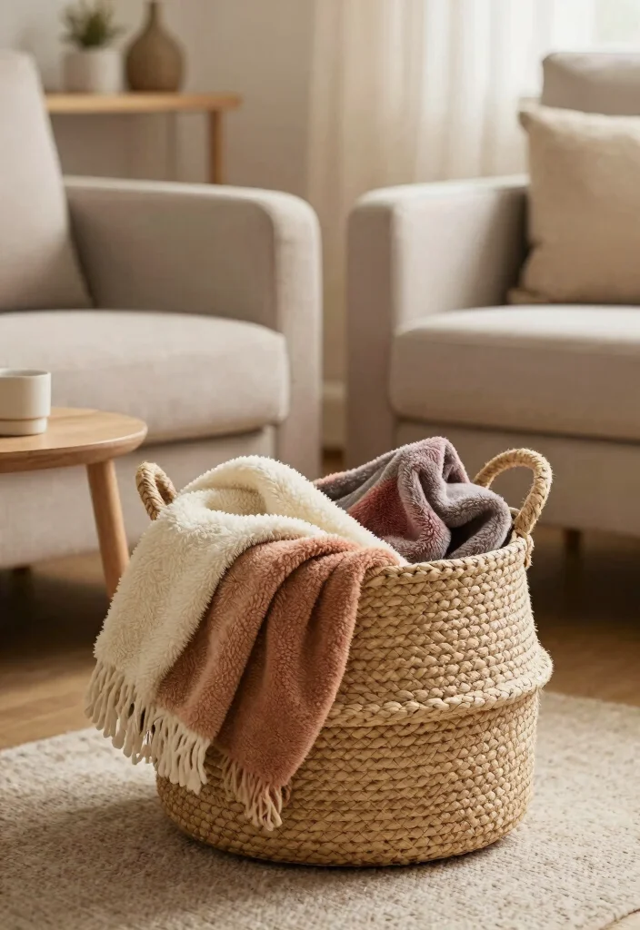 15 Cozy Living Room Library Ideas That'll Make You Want to Curl Up with a Book! 13 15 Cozy Living Room Library Ideas That'll Make You Want to Curl Up with a Book! - 12. Cozy Blanket Baskets 1