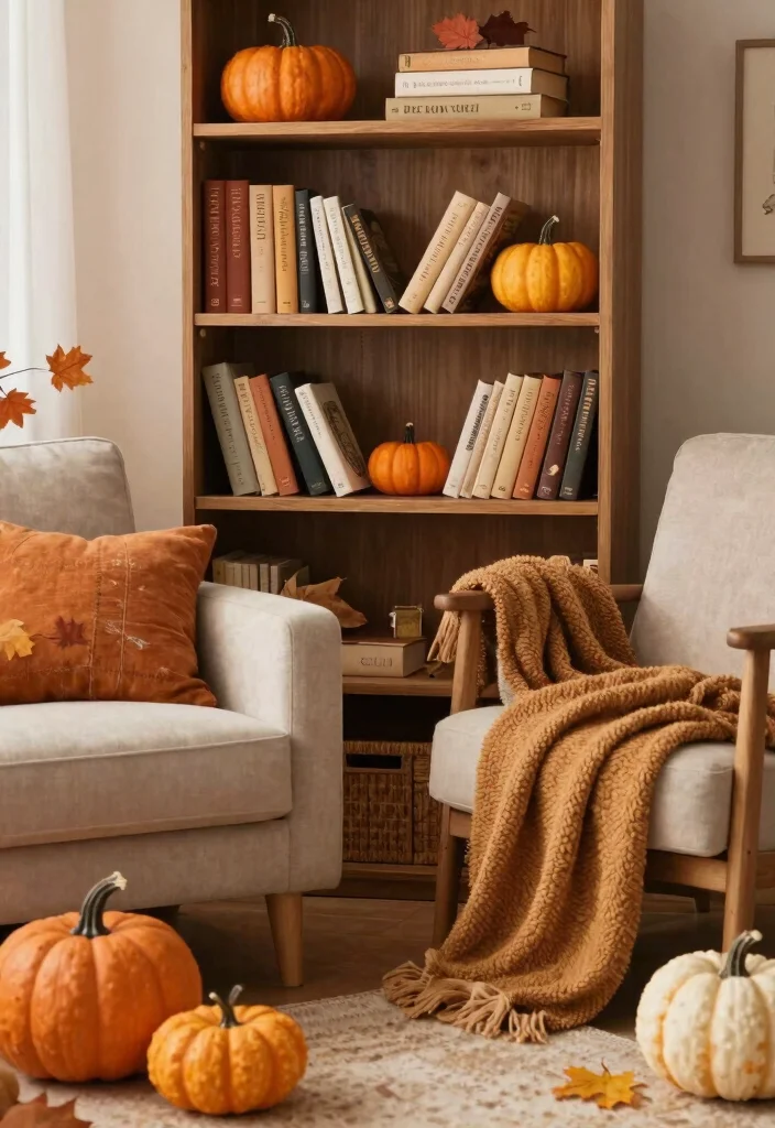 15 Cozy Living Room Library Ideas That'll Make You Want to Curl Up with a Book! 15 15 Cozy Living Room Library Ideas That'll Make You Want to Curl Up with a Book! - 14. Seasonal Reading Decor 1
