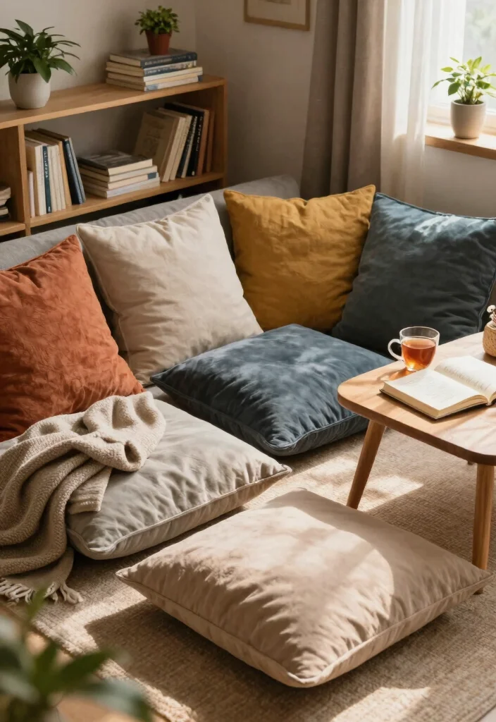 15 Cozy Living Room Library Ideas That'll Make You Want to Curl Up with a Book! 5 15 Cozy Living Room Library Ideas That'll Make You Want to Curl Up with a Book! - 4. Cozy Corners with Floor Cushions 1