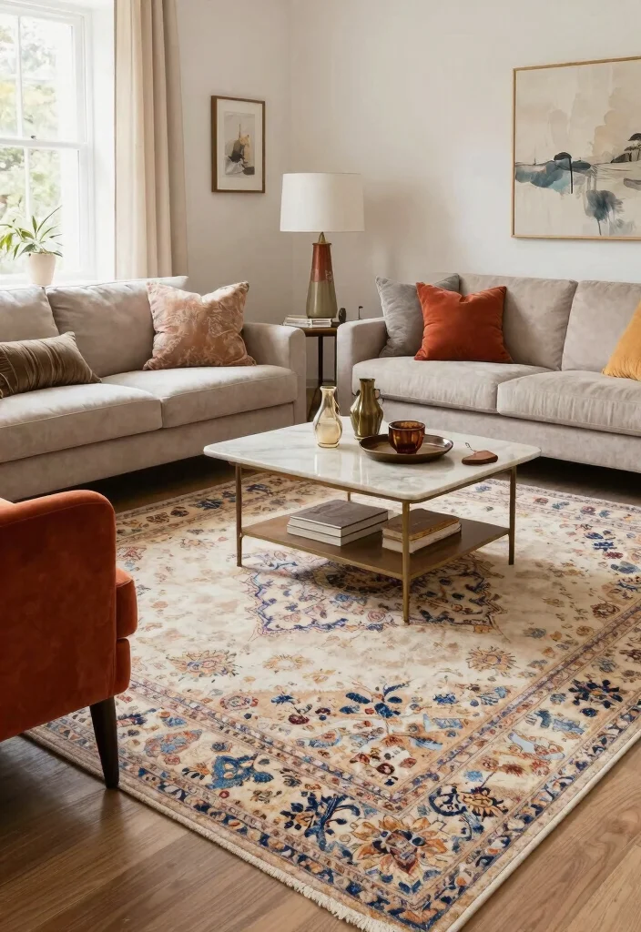 15 Glam Living Room Ideas That Will Transform Your Space Into a Chic Retreat! - 7. Statement Rugs 1