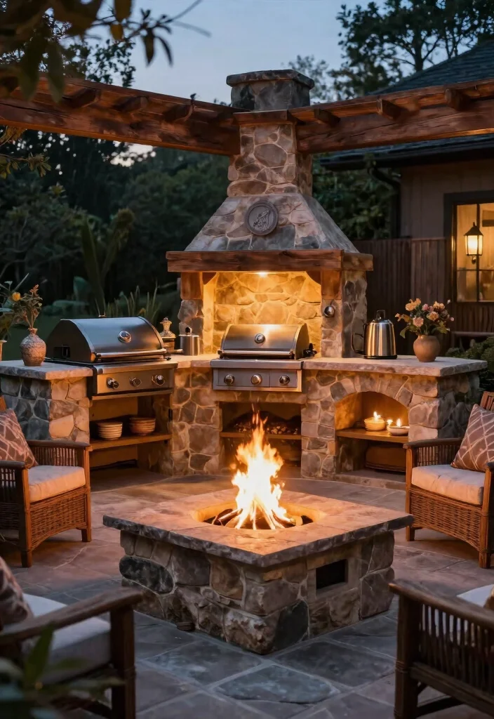15 Rustic Fire Pit Design Ideas That'll Make Your Backyard the Coziest Spot Ever! - 12. Fire Pit with Outdoor Kitchen 1