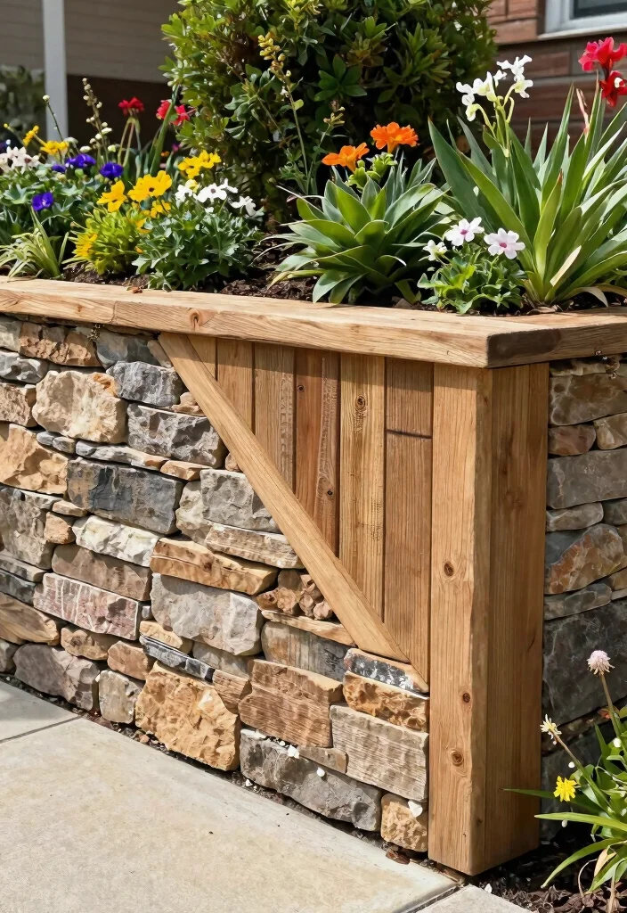 15 Stunning Front Yard Retaining Wall Ideas That Will Transform Your Curb Appeal Forever! - 9. Stone and Timber Combination 1