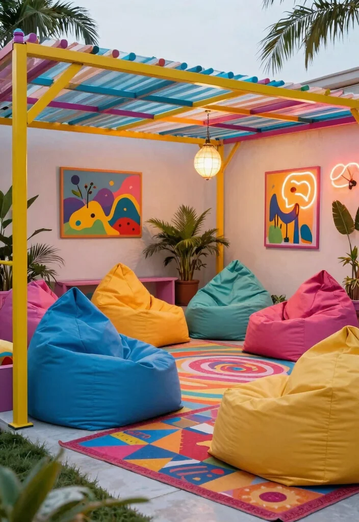 15 Stunning Metal Pergola Patio Ideas That Will Transform Your Backyard Forever! - 12. Playful Outdoor Lounge 1