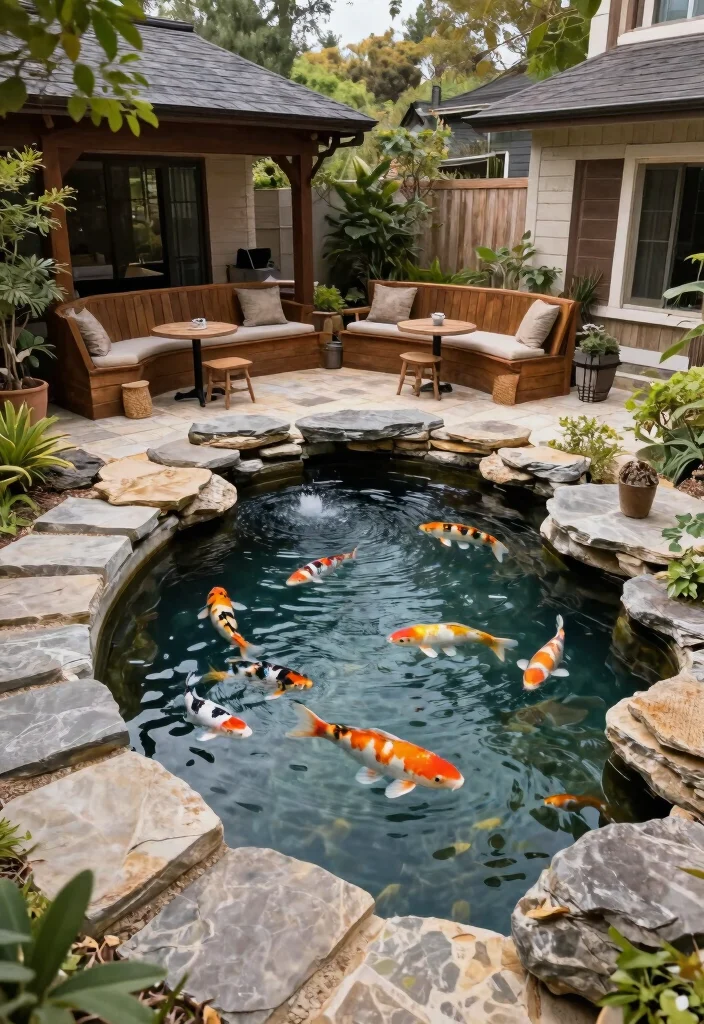 15+ Stunning Raised Patio Ideas With Steps for Style (You'll Want to Copy #7!) - 14. Creative Koi Pond Patio 1