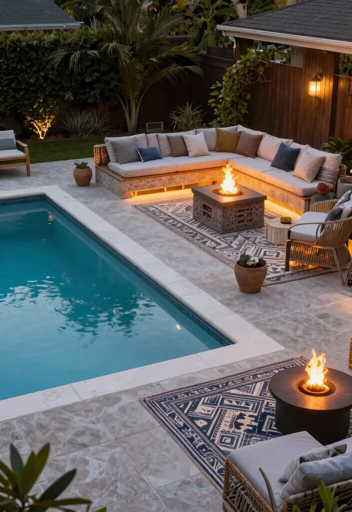 15 Stunning Rectangle Pool with Spa Sun Shelf Ideas That Will Transform Your Backyard! - 11. Stylish Rectangle Pool with Sun Shelf and Fire Pit 1