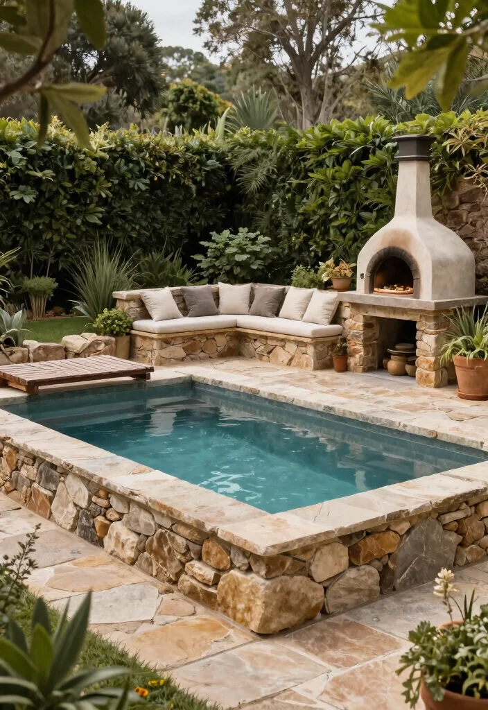 15 Stunning Rectangle Pool with Spa Sun Shelf Ideas That Will Transform Your Backyard! - 12. Rustic Stone Rectangle Pool with Spa Sun Shelf 1