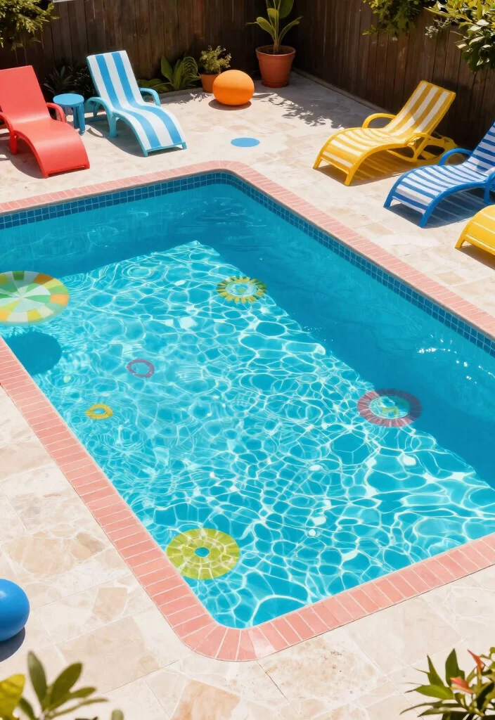 15 Stunning Rectangle Pool with Spa Sun Shelf Ideas That Will Transform Your Backyard! - 15. Bold Color Accent Rectangle Pool with Spa Sun Shelf 1