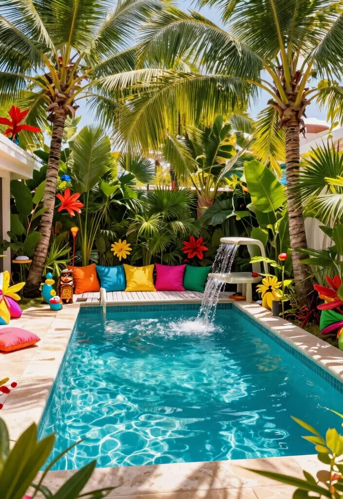 15 Stunning Rectangle Pool with Spa Sun Shelf Ideas That Will Transform Your Backyard! - 3. Tropical Oasis Pool with Spa Sun Shelf 1
