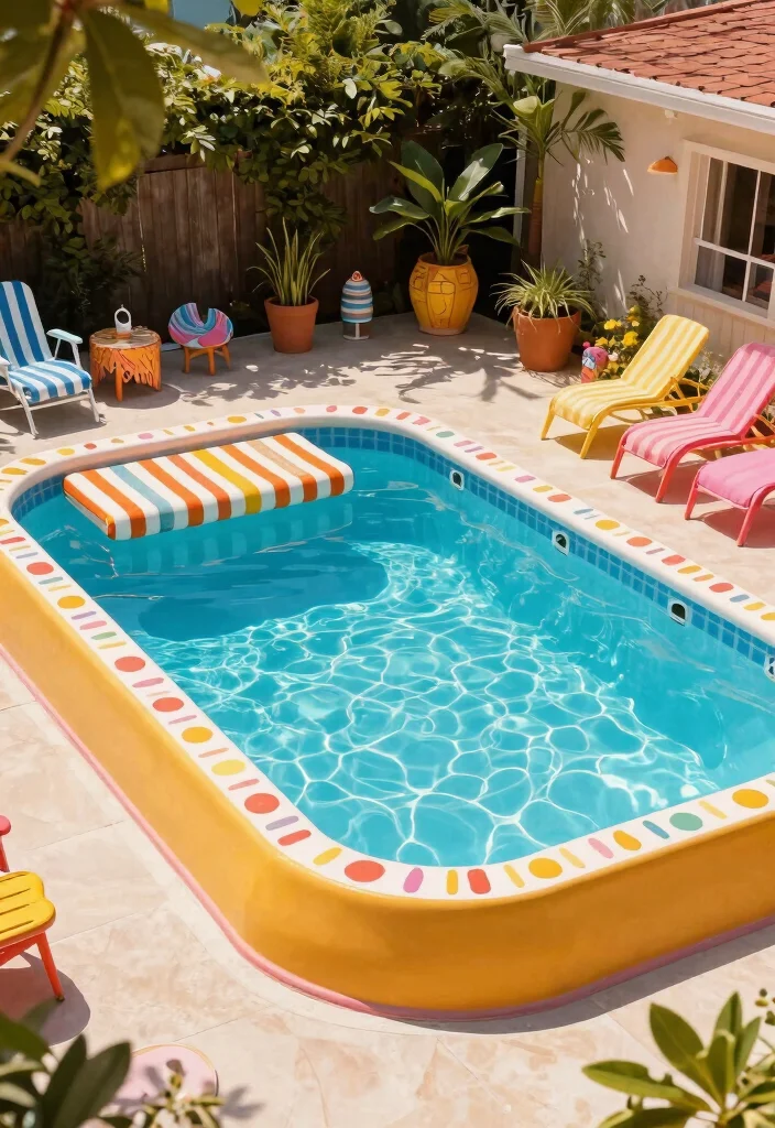 15 Stunning Rectangle Pool with Spa Sun Shelf Ideas That Will Transform Your Backyard! - 9. Colorful Retro Rectangle Pool with Spa Sun Shelf 1