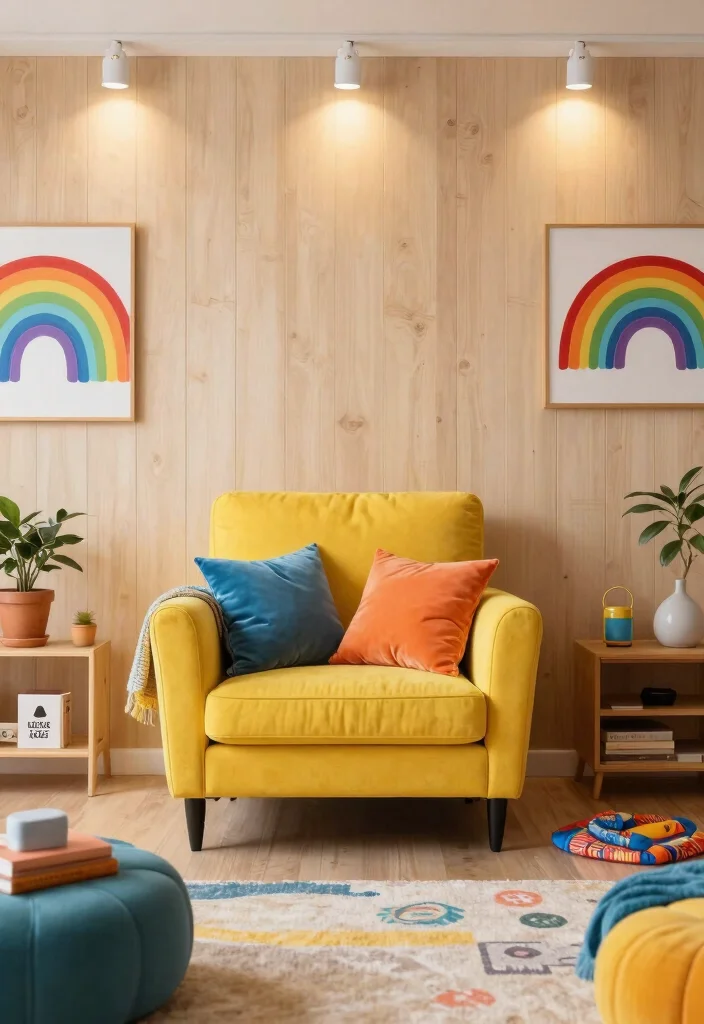 15 Super Cool Living Rooms With Wood Paneling That'll Make You Want to Redecorate! 68 15 Super Cool Living Rooms With Wood Paneling That'll Make You Want to Redecorate! - 13. Color Pop 1