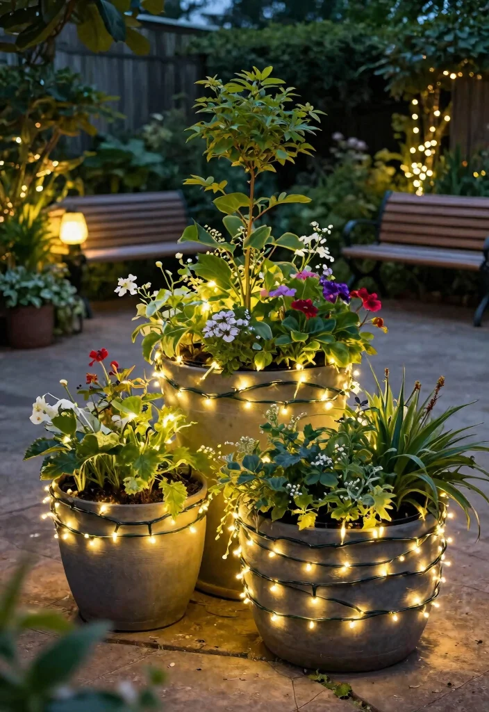 20 Affordable Outdoor Planter Lighting Ideas That Will Transform Your Garden for Under $50! - 3. Fairy Light-Wrapped Planters 1