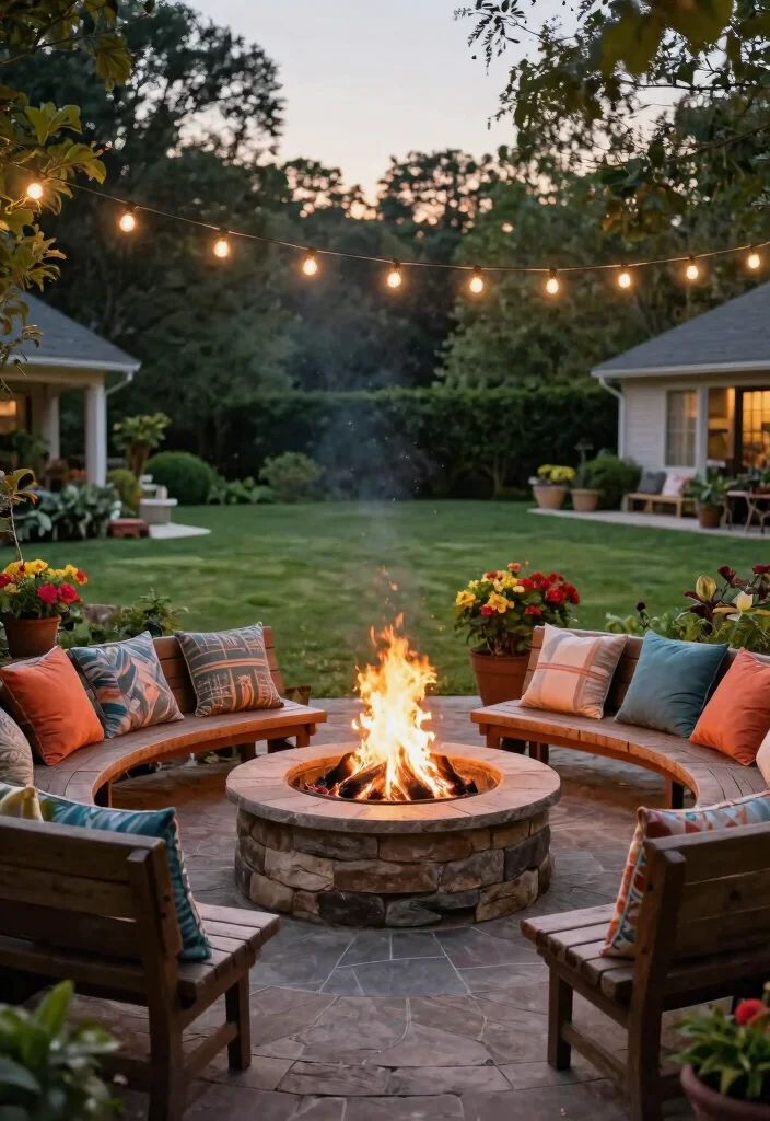 15+ Stunning Front Yard Fire Pit Ideas for Cozy Spaces (You'll Want #8 in Your Backyard!) - 1. Circular Stone Fire Pit with Cozy Benches 1