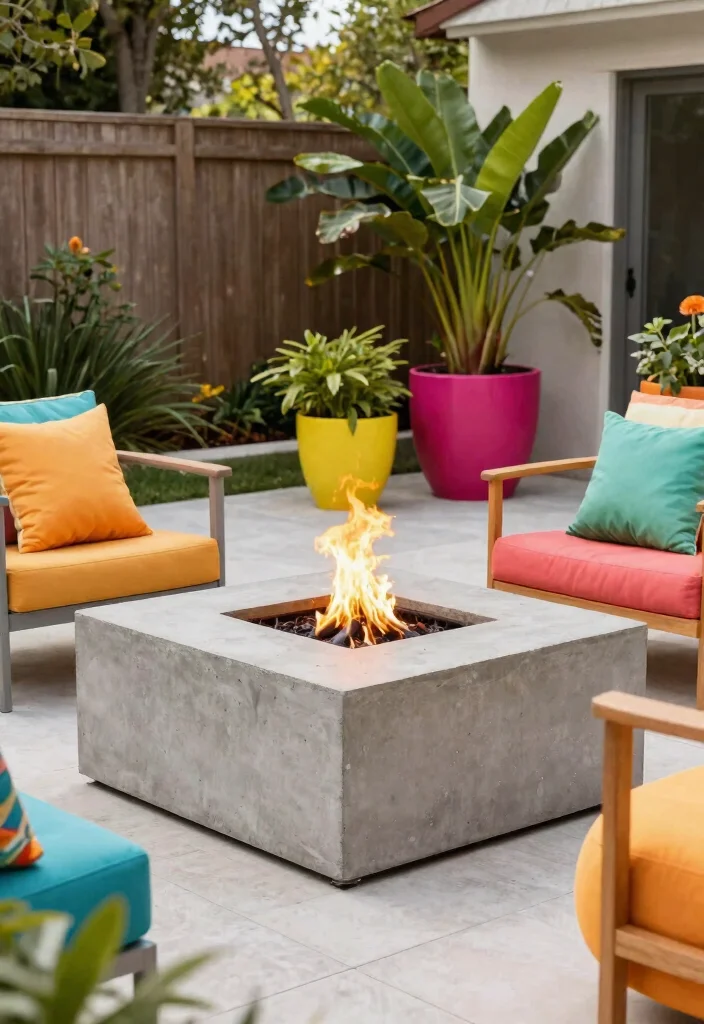 15+ Stunning Front Yard Fire Pit Ideas for Cozy Spaces (You'll Want #8 in Your Backyard!) - 11. Concrete Fire Pit with Colorful Accents 1