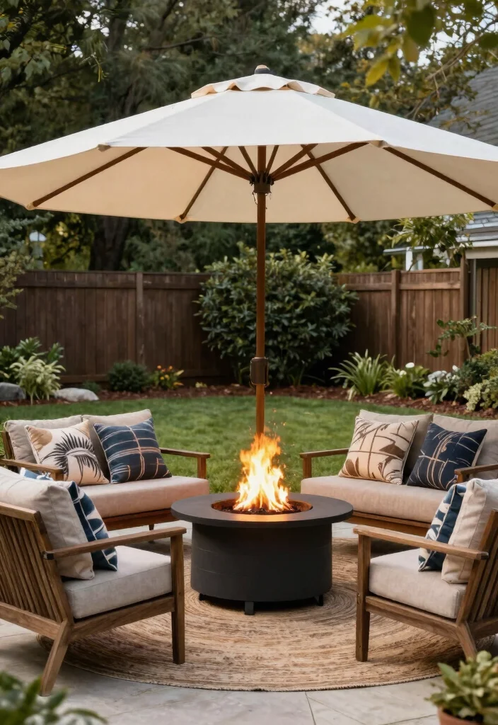 15+ Stunning Front Yard Fire Pit Ideas for Cozy Spaces (You'll Want #8 in Your Backyard!) - 15. Fire Pit with Large Umbrella for Shade 1