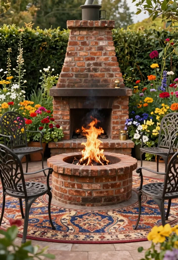 15+ Stunning Front Yard Fire Pit Ideas for Cozy Spaces (You'll Want #8 in Your Backyard!) - 3. Rustic Brick Fire Pit with Surrounding Floral Garden 1