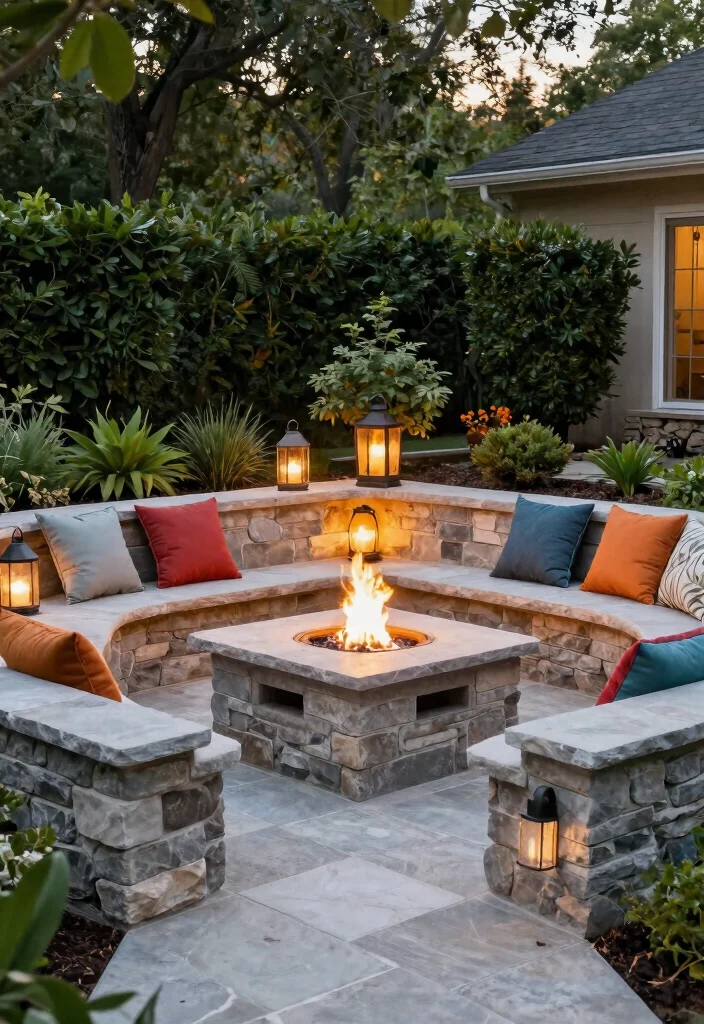 15+ Stunning Front Yard Fire Pit Ideas for Cozy Spaces (You'll Want #8 in Your Backyard!) - 4. Built-in Gas Fire Pit with Stone Seating 1