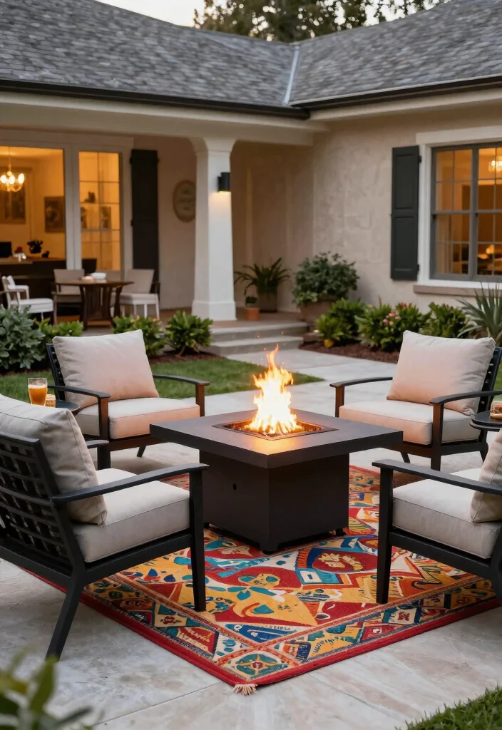 15+ Stunning Front Yard Fire Pit Ideas for Cozy Spaces (You'll Want #8 in Your Backyard!) - 7. Fire Table with Lounge Chairs 1