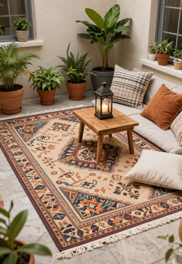 15+ Stylish Apartment Patio Decorating Ideas for Small Spaces That’ll Make You Want to Chill Outside! - 2. Cozy Up with Outdoor Rugs 1