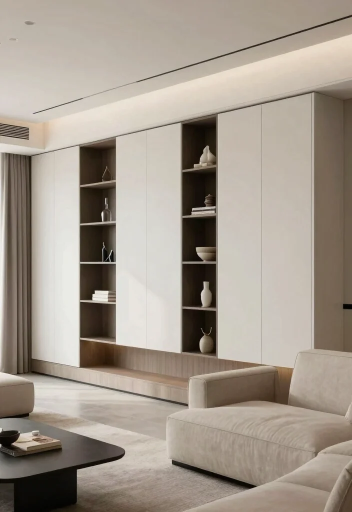 15 Unique Small Minimalist Neutral Living Room Ideas That'll Transform Your Space! - 11. Sleek Built-in Units 1