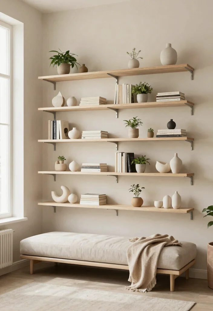 15 Unique Small Minimalist Neutral Living Room Ideas That'll Transform Your Space! - 7. Open Shelving for Display 1