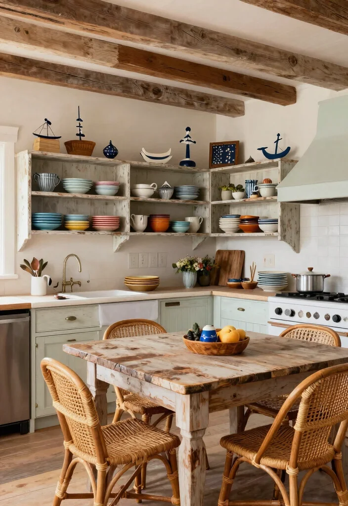 15 Best Coastal Vintage Kitchen Design That Blends Beachy & Rustic Charm 3 15 Coastal Vintage Kitchen Design Ideas That'll Make You Feel Like You're on Vacation Every Day! - 2. Distressed Wood Elements 1