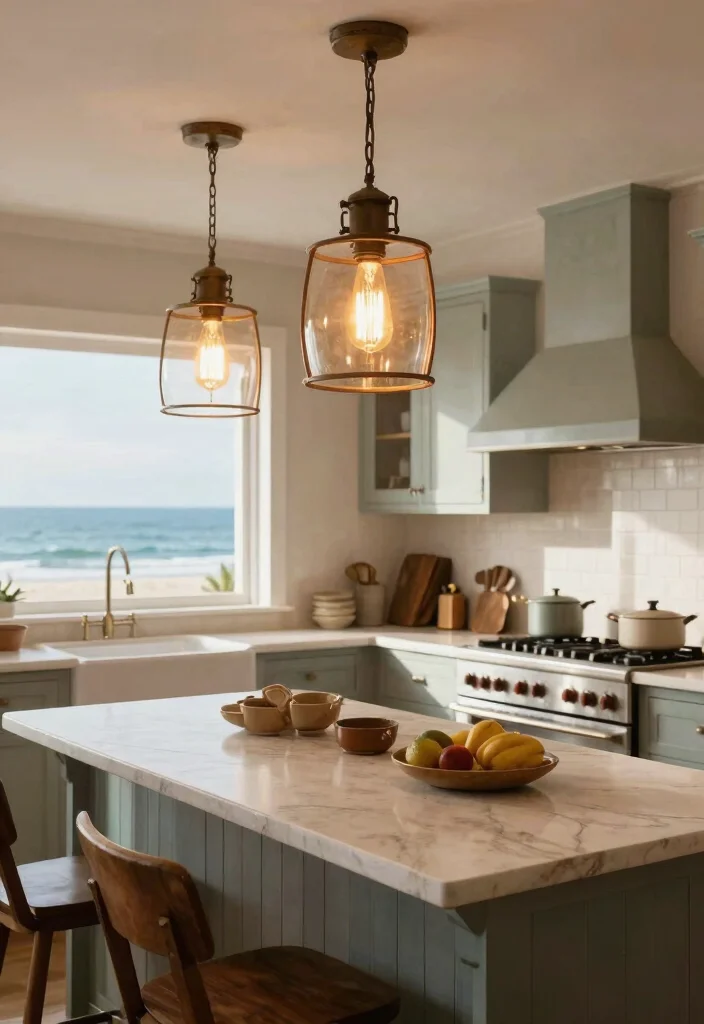 15 Best Coastal Vintage Kitchen Design That Blends Beachy & Rustic Charm 40 15 Coastal Vintage Kitchen Design Ideas That'll Make You Feel Like You're on Vacation Every Day! - 8. Vintage Lighting Fixtures 1