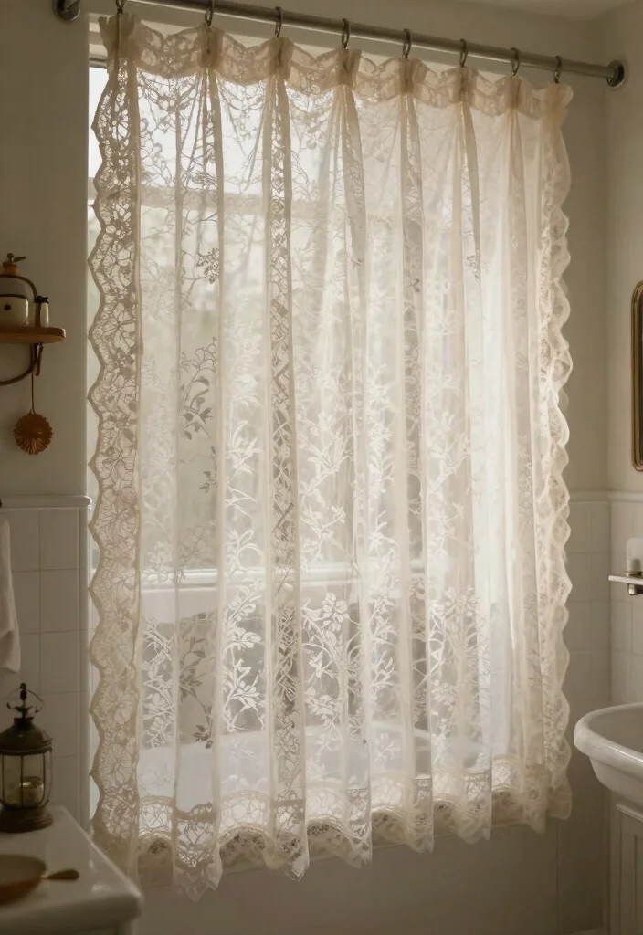 15 Renter-Friendly Shower Door Cover-Up Ideas That'll Transform Your Bathroom Instantly! - 8. Vintage Lace Curtains 1