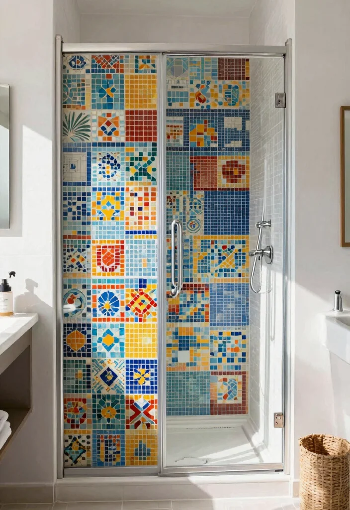15 Renter-Friendly Shower Door Cover-Up Ideas That'll Transform Your Bathroom Instantly! - 9. Vibrant Mosaic Tiles 1
