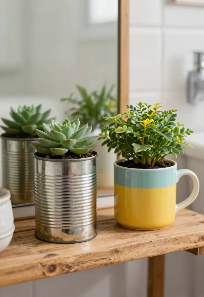 15+ Unique Bathroom Ideas with Plants That'll Transform Your Space (You Won't Believe #7!) - 11. Repurposed Containers 1