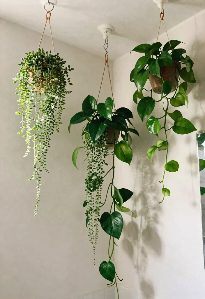 15+ Unique Bathroom Ideas with Plants That'll Transform Your Space (You Won't Believe #7!) - 13. Hanging Plants for Vertical Interest 1