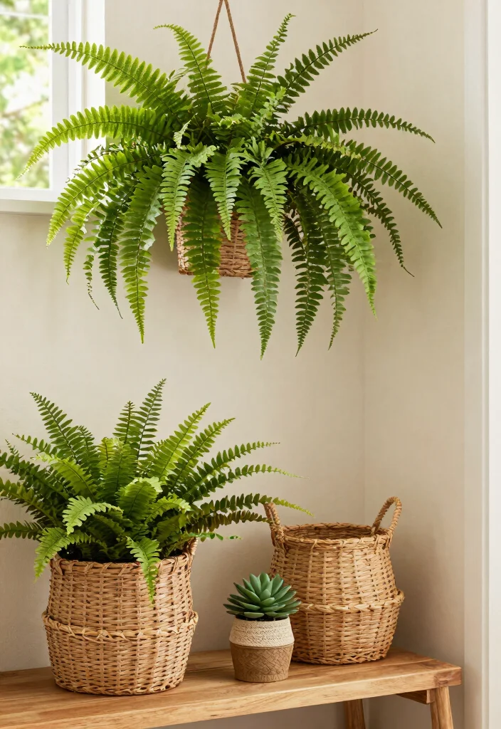 15+ Unique Bathroom Ideas with Plants That'll Transform Your Space (You Won't Believe #7!) - 2. Ferns in Baskets 1