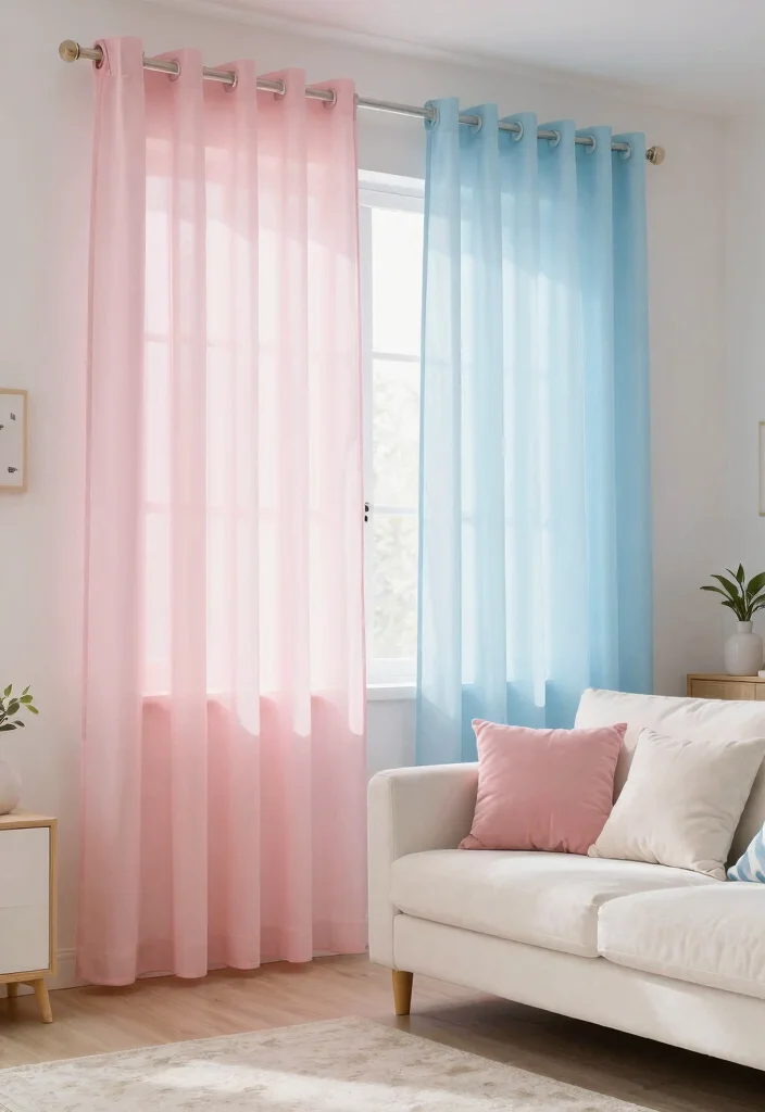 15 Trendy Sheer Curtains Living Room Ideas That'll Transform Your Space Instantly! - 10. Soft Pastels for a Whimsical Feel 1